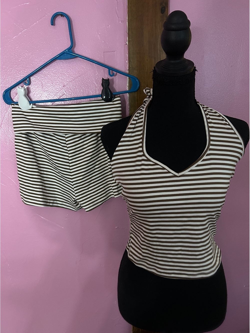 Women's Two-Piece Striped Halter Crop Top and Shorts Set in Brown and White